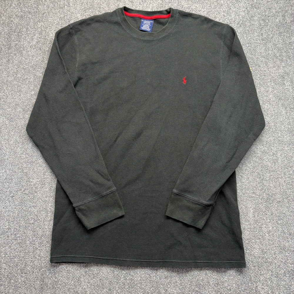 Polo Ralph Lauren Mens 2XL Waffle Knit Thermal Long Sleeve Shirt Black Red Pony